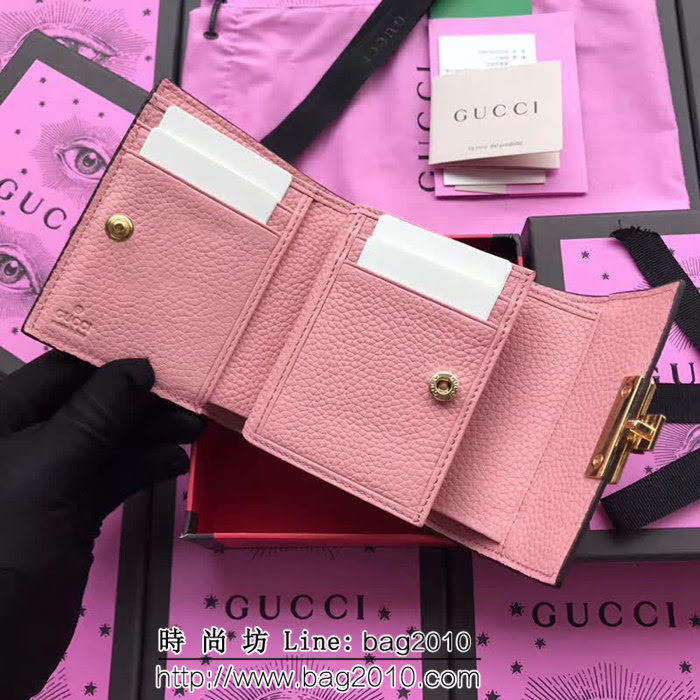 GUCCI古馳 歐洲正品原單 padlock系列 最新款短皮夾 453155 櫻花粉摔紋全皮 WTG1193